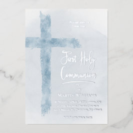 pastelblauw Heilig Kruis Eerste Communie Folie Uitnodiging