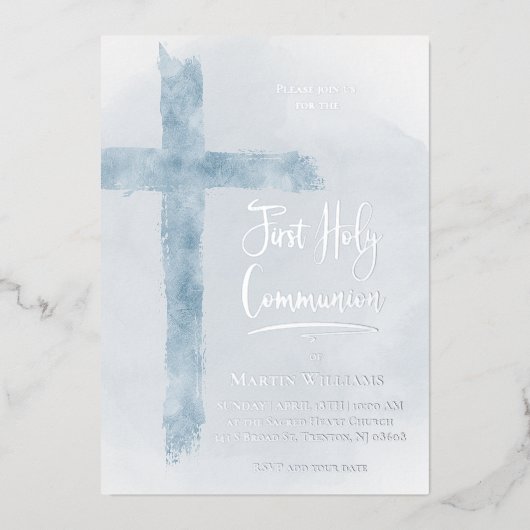 pastelblauw Heilig Kruis Eerste Communie Folie Uitnodiging (Voorkant)