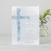 pastelblauw Heilig Kruis Eerste Communie Folie Uitnodiging (Staand Voorkant)