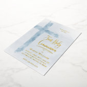 pastelblauw Heilig Kruis Eerste Communie Folie Uitnodiging (Gedraaid)