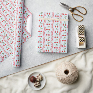 Pastelblauw Kersen- en Schelpenstreeppatroon Cadeaupapier