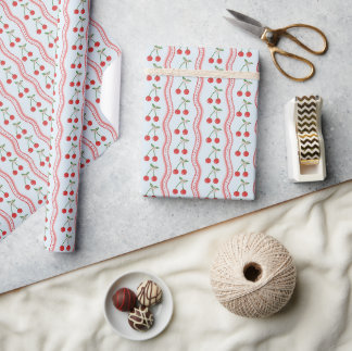 Pastelblauw Kersen- en Schelpenstreeppatroon Cadeaupapier