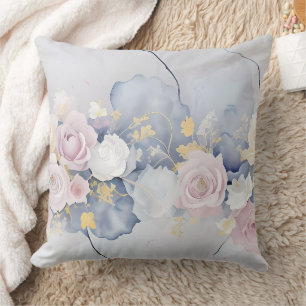 PASTELBLAUW MET ROZE & WITTE ROZENBLOEMEN KUSSEN