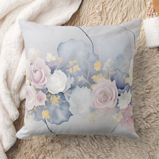 PASTELBLAUW MET ROZE & WITTE ROZENBLOEMEN KUSSEN (Deken)