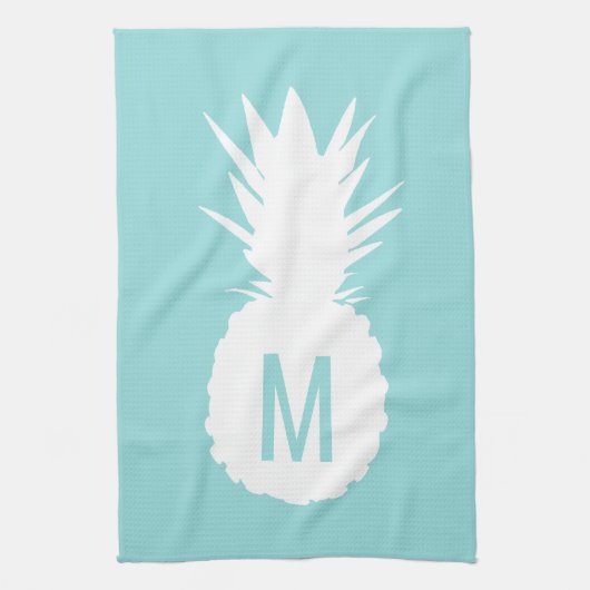 pastelblauw monogram ananas theedoek (Verticaal)
