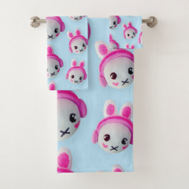 Pastelblauw & Roze Cartoon Konijn Handdoek