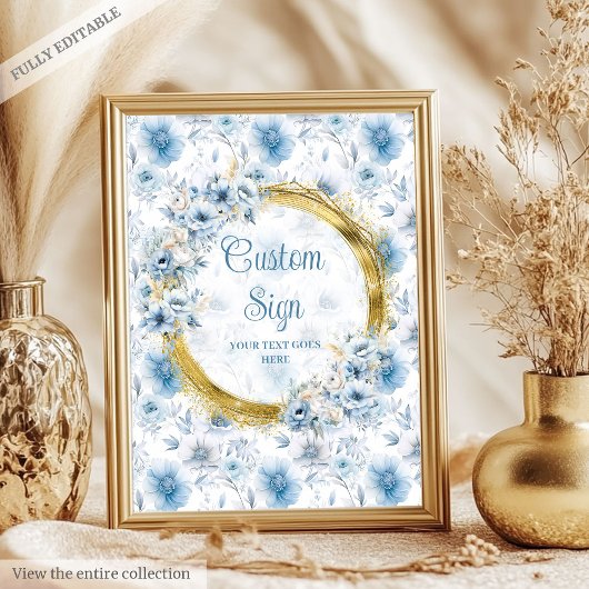 pastelblauw waterverf bloemen goud op maat poster