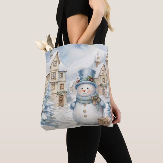 PASTELBLAUW WINTERVAKANTIE KERSTSNEEUWMAN TOTE BAG (Dichtbij)