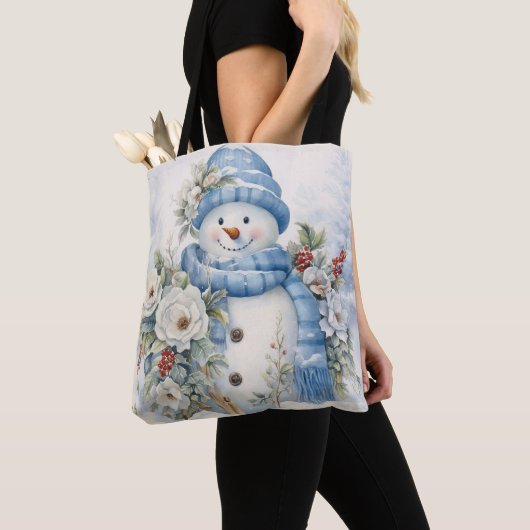 PASTELBLAUW WINTERVAKANTIE KERSTSNEEUWMAN TOTE BAG (Dichtbij)
