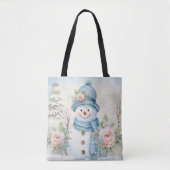 PASTELBLAUW WINTERVAKANTIE KERSTSNEEUWMAN TOTE BAG (Voorkant)