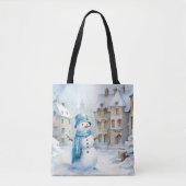 PASTELBLAUW WINTERVAKANTIE KERSTSNEEUWMAN TOTE BAG (Voorkant)