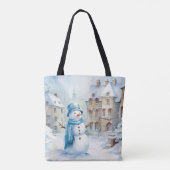 PASTELBLAUW WINTERVAKANTIE KERSTSNEEUWMAN TOTE BAG (Achterkant)