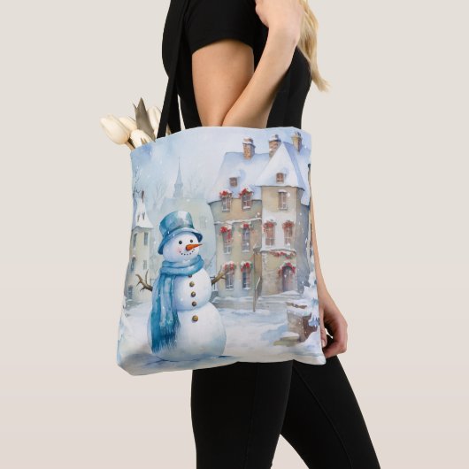 PASTELBLAUW WINTERVAKANTIE KERSTSNEEUWMAN TOTE BAG (Dichtbij)