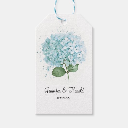 Pastelblauwe Aquarel Hydrangea Bloem Bruiloft Cadeaulabel (Voorkant)