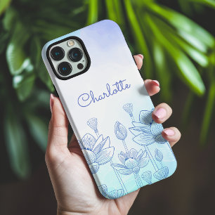 Pastelblauwe Bloem Naam Botanische Lijn Kunst iPhone 16 Pro Max Hoesje