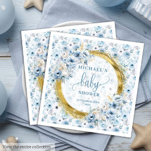 pastelblauwe bloemen gouden baby showers servet