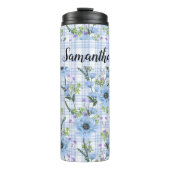 PASTELBLAUWE BLOEMEN MET PLAID PATRONEN THERMOSBEKER (Voorkant)