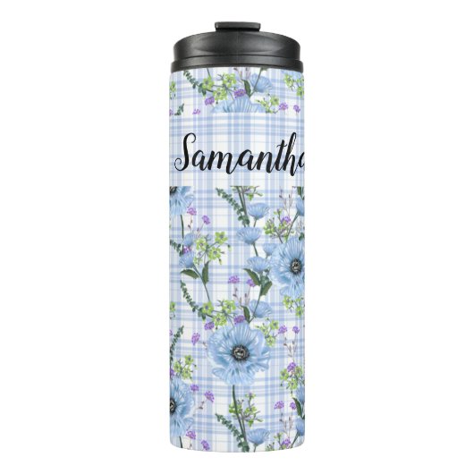 PASTELBLAUWE BLOEMEN MET PLAID PATRONEN THERMOSBEKER (Voorkant)