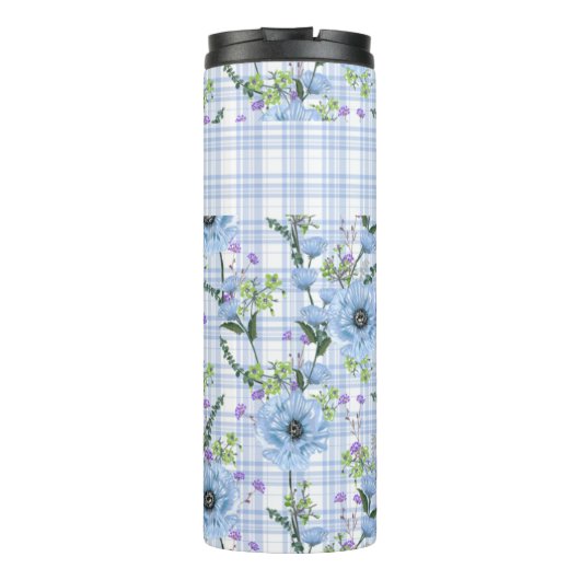 PASTELBLAUWE BLOEMEN MET PLAID PATRONEN THERMOSBEKER (Achterkant)