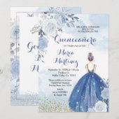Pastelblauwe bloemen Quinceañera Uitnodiging (Voorkant / Achterkant)