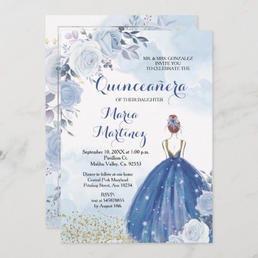 Pastelblauwe bloemen Quinceañera Uitnodiging (Voorkant / Achterkant)