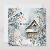 Pastelblauwe Bloemen Vogel Oud Huis Kerstmis Feestdagenkaart (Voorkant)