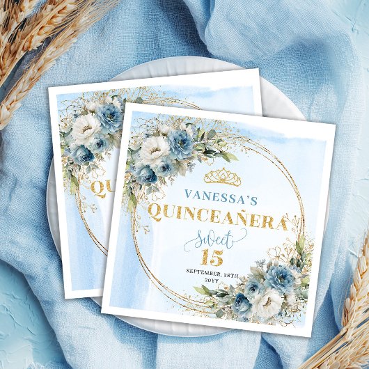 Pastelblauwe bloemengoud 15e verjaardag servetten