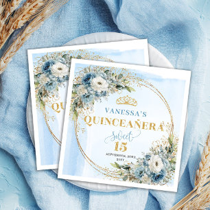 Pastelblauwe bloemige eucalyptus gouden 15e verjaa servet