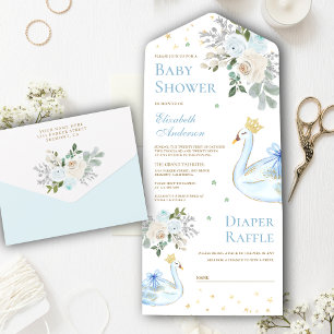 Pastelblauwe Bloemige Zwanen Prinses Babyshower All In One Uitnodiging