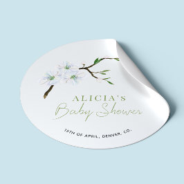 Pastelblauwe bloemrijke elegante jongensbabyshower ronde sticker