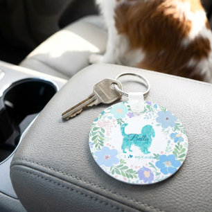 Pastelblauwe Cavalier King Charles Spaniel Bloemig Sleutelhanger