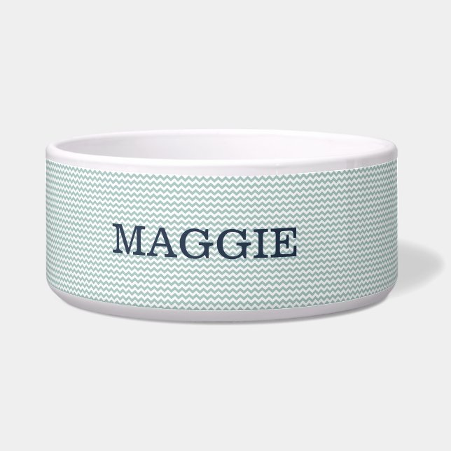 Pastelblauwe chevron Grote Hondenkom Voerbakje (Voorkant)