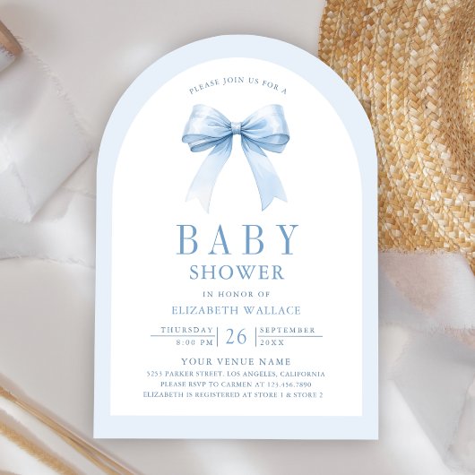 Pastelblauwe Coquette Boog QR Code Baby Shower Kaart