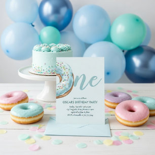 Pastelblauwe Donut 1e Verjaardag Zoete Kaart