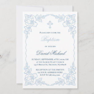 pastelblauwe elegante lijst Doop Kaart