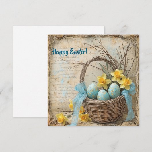 Pastelblauwe en gele paaseieren en narcissen feestdagenkaart (Voorkant / Achterkant)
