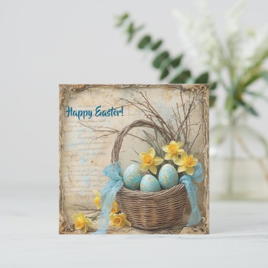 Pastelblauwe en gele paaseieren en narcissen feestdagenkaart (Staand voorkant)