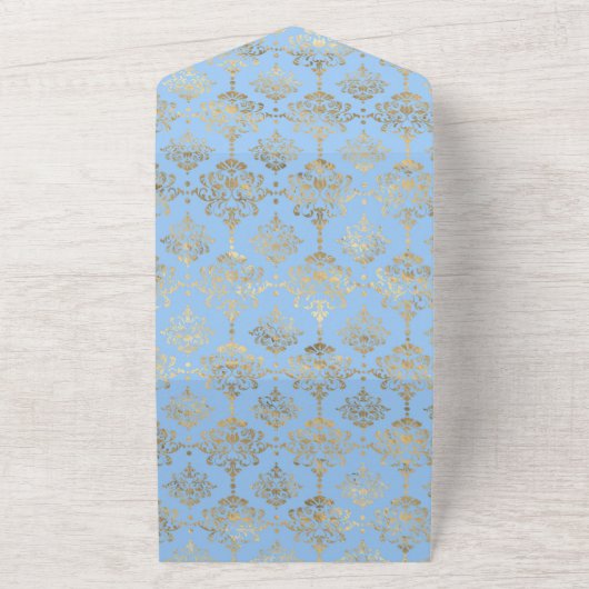 Pastelblauwe en gouden bloemachtige All In One tro All In One Uitnodiging (Buitenkant)