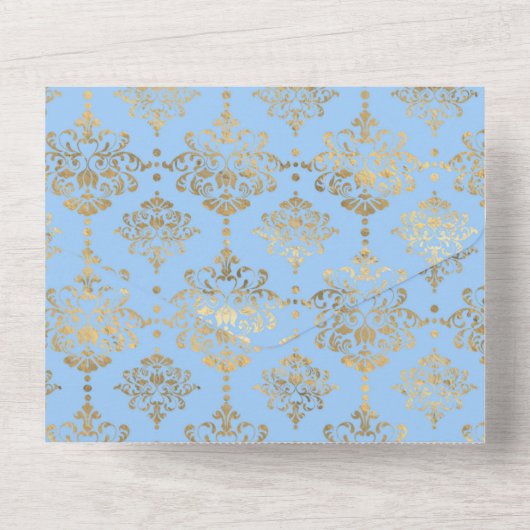 Pastelblauwe en gouden bloemachtige All In One tro All In One Uitnodiging (Achterkant)