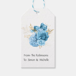 Pastelblauwe en gouden bloemachtige bruiloft cadeaulabel