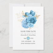 Pastelblauwe en gouden bloemachtige trouwdag save the date (Voorkant)