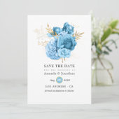 Pastelblauwe en gouden bloemachtige trouwdag save the date (Staand voorkant)