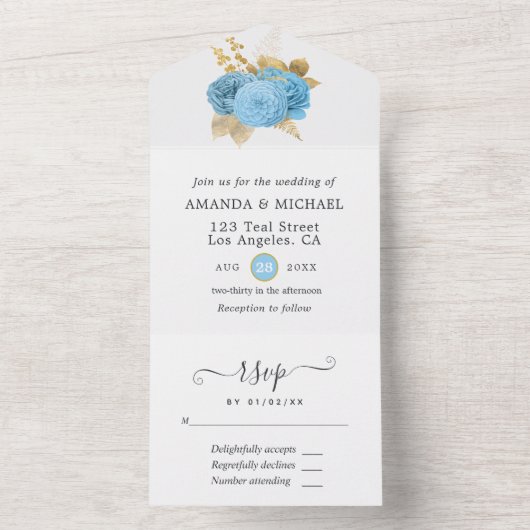 Pastelblauwe en gouden bloemige trouw uitnodiging (Binnen)