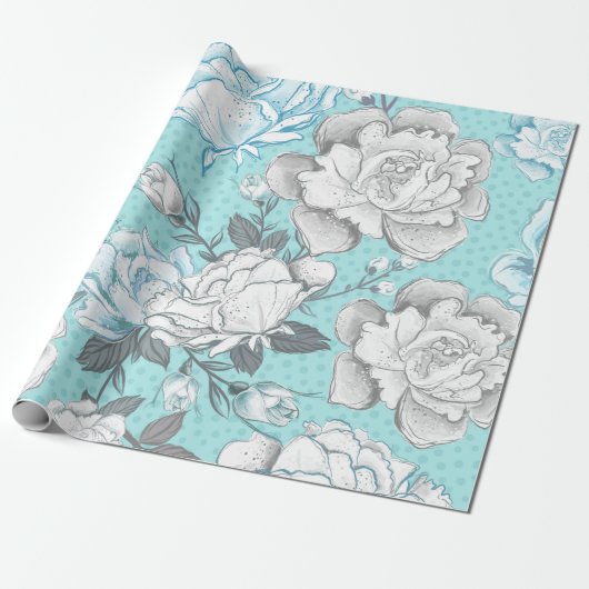 PASTELBLAUWE EN GRIJZE BLOEMEN CADEAUPAPIER (Uitgerold)