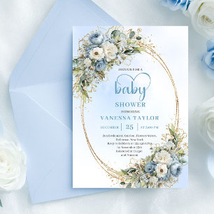 Pastelblauwe Eucalyptus Bloemengoud Baby Shower   Kaart