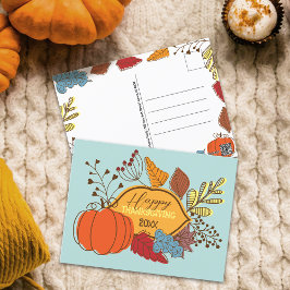 Pastelblauwe Folk Art Pompoen Thanksgiving Briefkaart