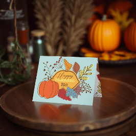 Pastelblauwe Folk Art Pompoen Thanksgiving Kaart