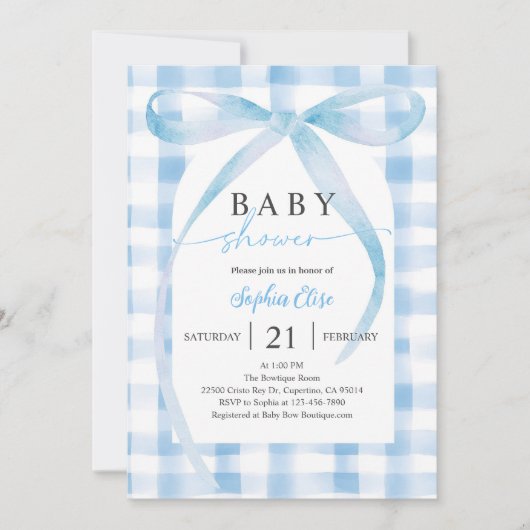 Pastelblauwe geruite strik babyshower kaart (Voorkant)