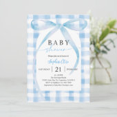 Pastelblauwe geruite strik babyshower kaart (Staand voorkant)