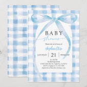Pastelblauwe geruite strik babyshower kaart (Voorkant / Achterkant)